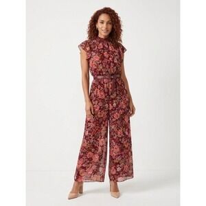 Cynthia Steffe Floral Wide Leg Jumpsuit Burgundy Pink Smocked Waist PXL